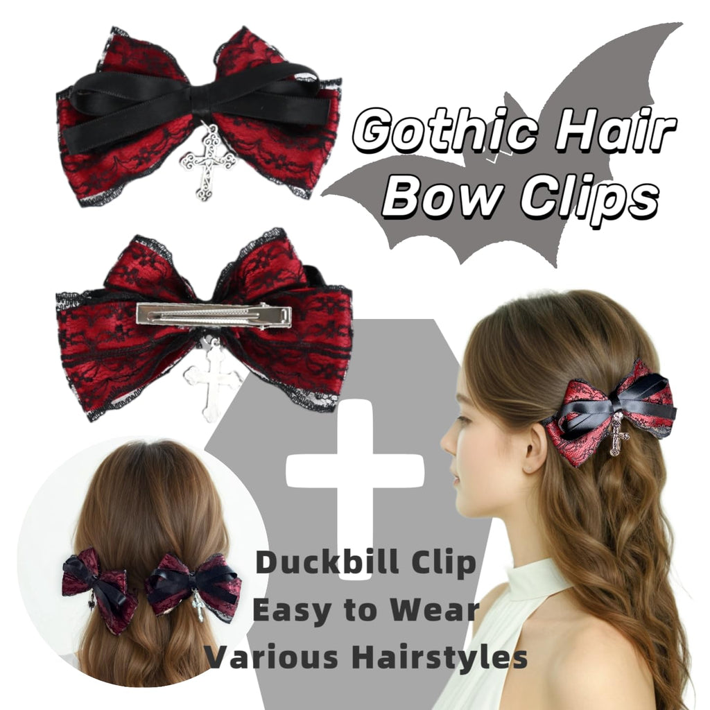 Gothic Black Lace and Red Bow Hair Clips with Cross, 2 Piece