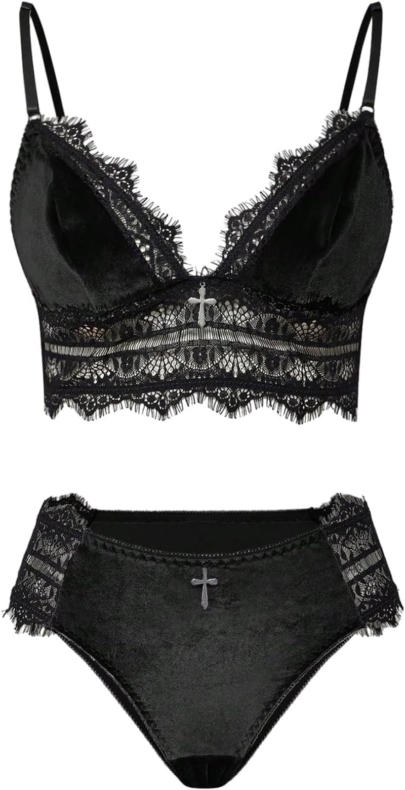 Women'S Gothic Velvet Lace Panties and Bra Set 2 Piece Lingerie