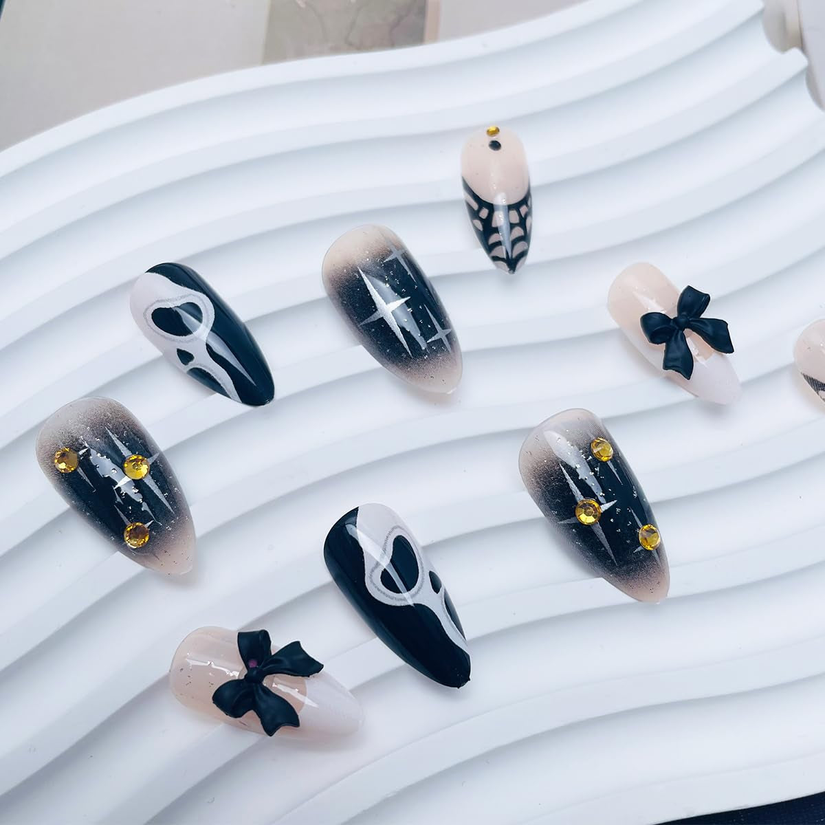 Goth Rhinestone Press-On Nails with Black Bow Charms, Almond