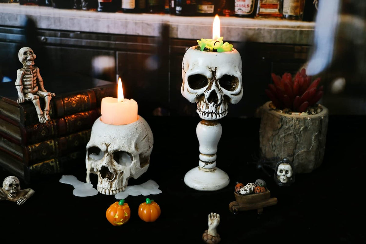 Skull Tealight Candle Holder - Antique White Resin