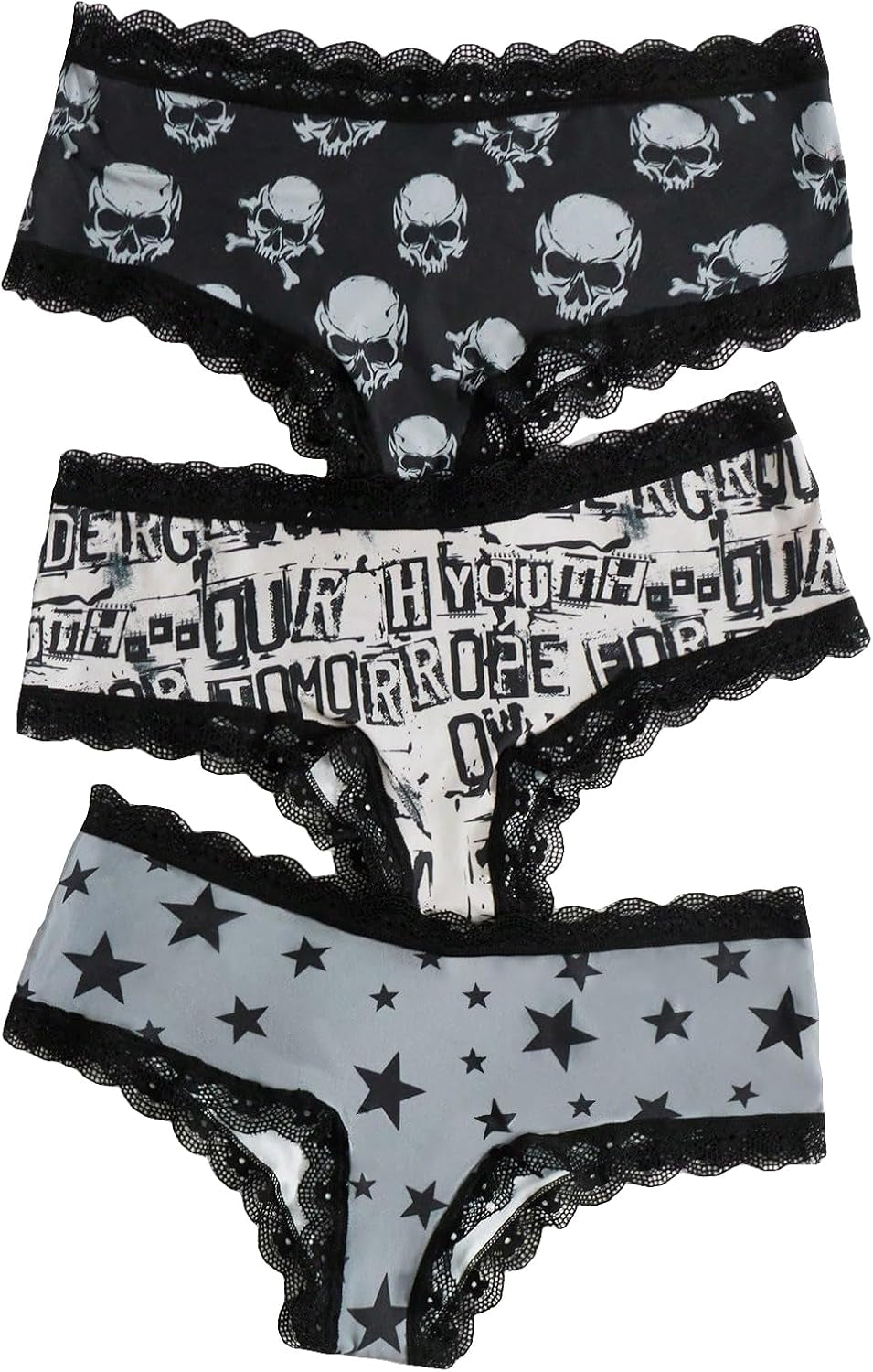 Women'S 3 Pack Skull Graphic Print Lace Trim Underwear Panty Set