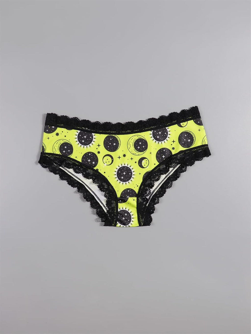 Women'S Celestial Print Hipster Panties Set, Black Lace Trim, 4 Count, Moon and Stars Design