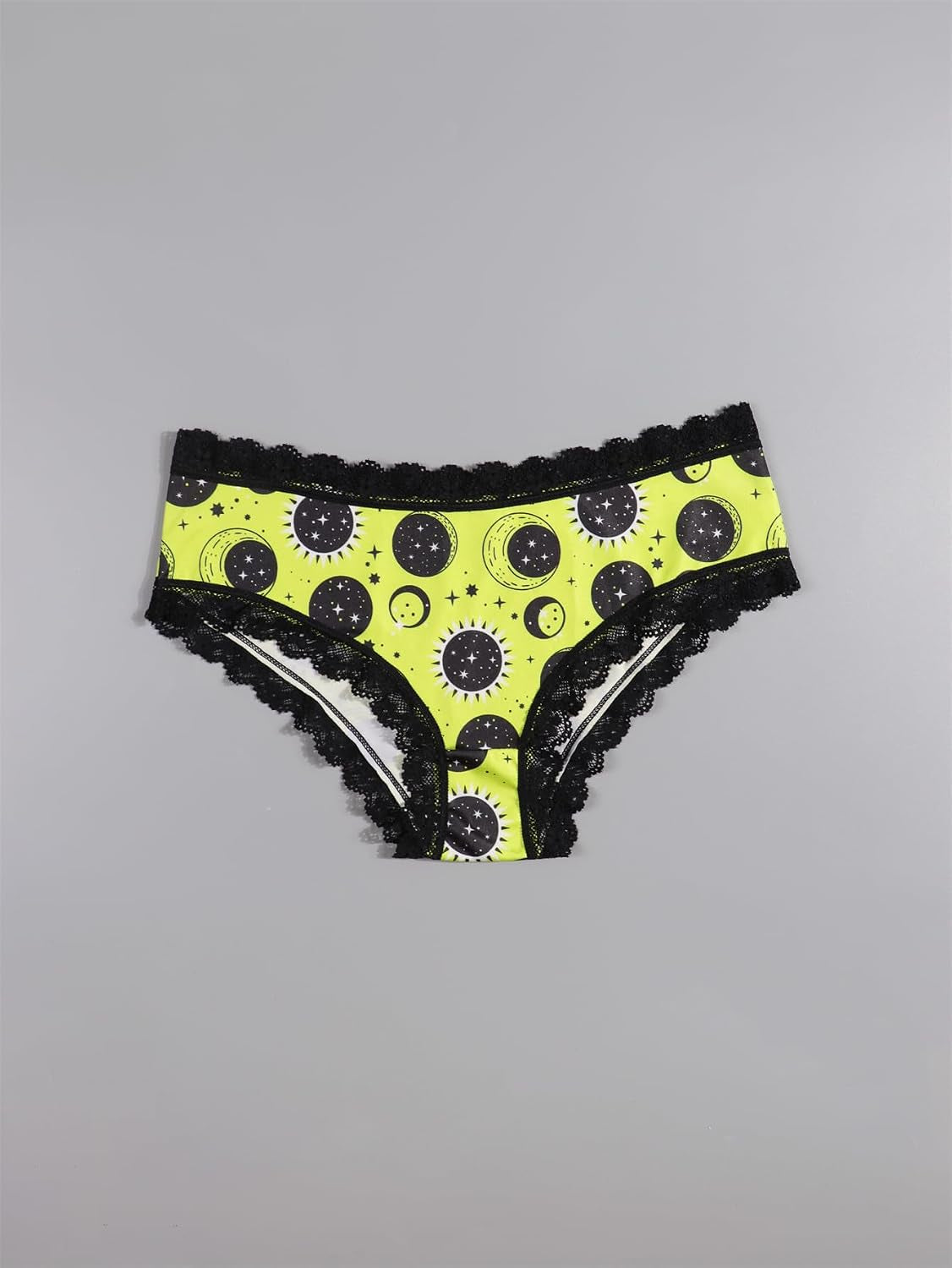Women'S Celestial Print Hipster Panties Set, Black Lace Trim, 4 Count, Moon and Stars Design