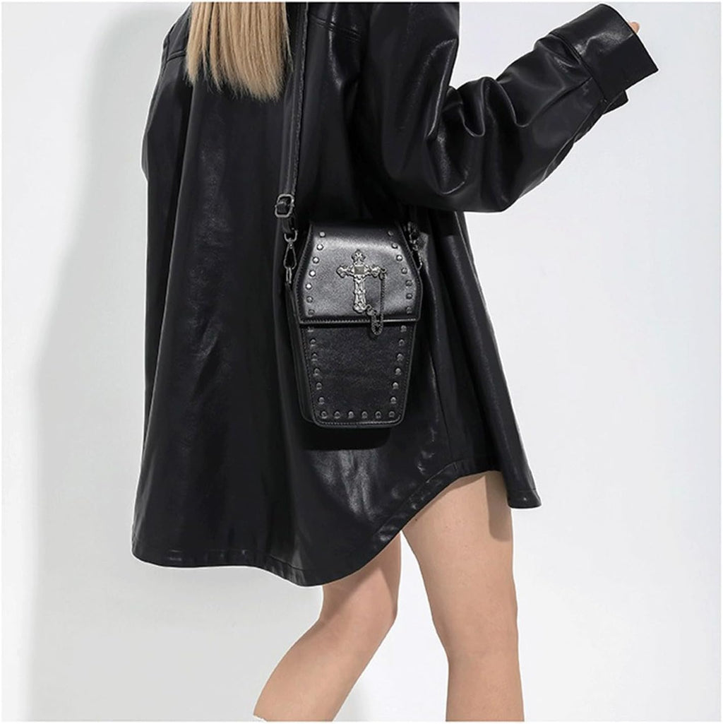 Coffin Crossbody Purse - Black, Cross Print