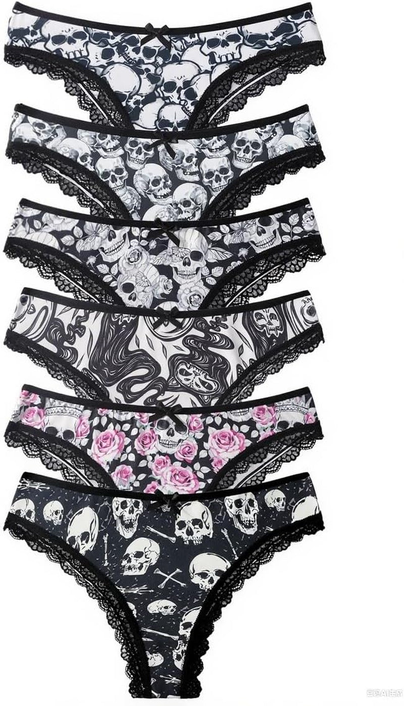 OUKAILYN 6-Pack Gothic Thong Panties, Sexy Skull and Rose Print Lace Trim G-String, Mid-Rise Emo Alt Aesthetic Underwear