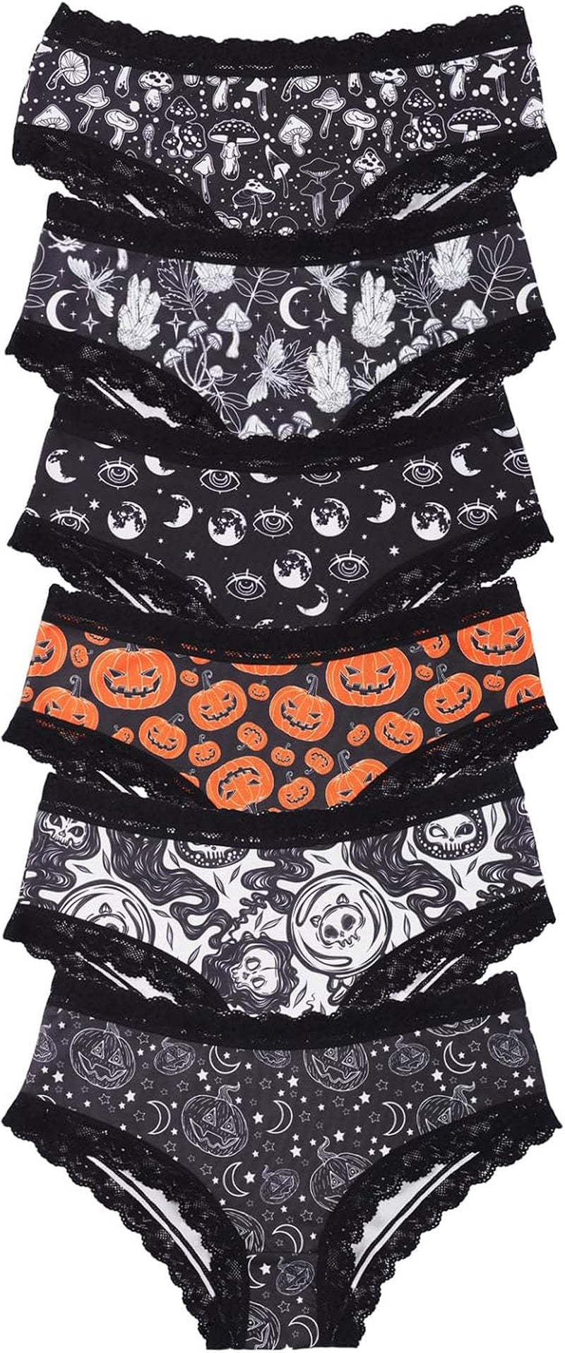 6Pcs Women Underwear Gothic Sexy Halloween Skulls Roses Allover Print Contrast Lace Hipsters Panties