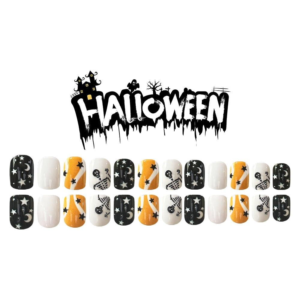 Skull and Stars Press-On Nails, Black and Orange