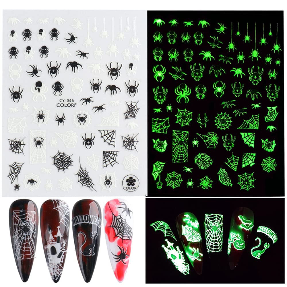 Luminous 3D Skull and Bat Nail Stickers, 6 Sheets