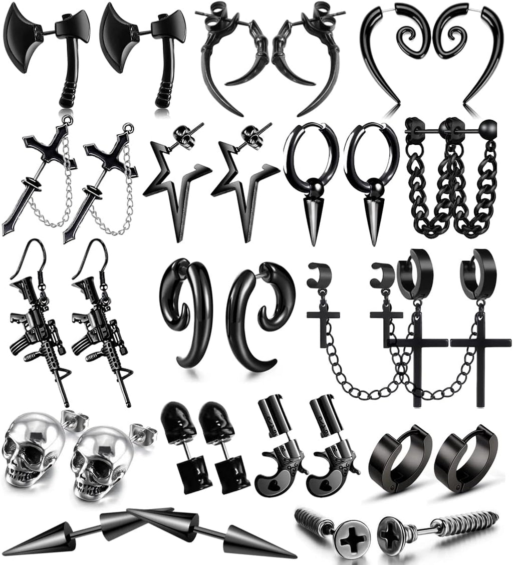 Black Punk Dangle Earrings - 16 Pair Stainless Steel Set