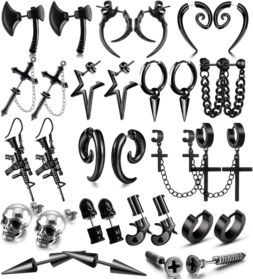 Black Punk Dangle Earrings - 16 Pair Stainless Steel Set
