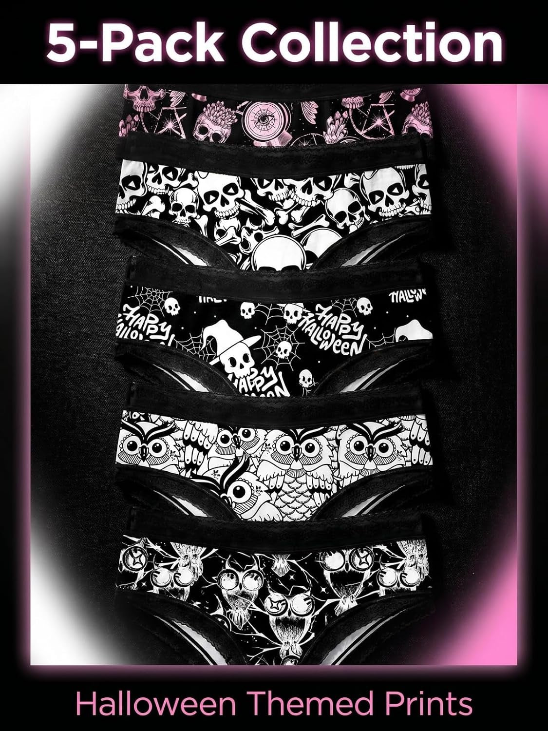 5Pcs Lace Trims Cute Printed Bikini Hipsters for Women Pack Panties
