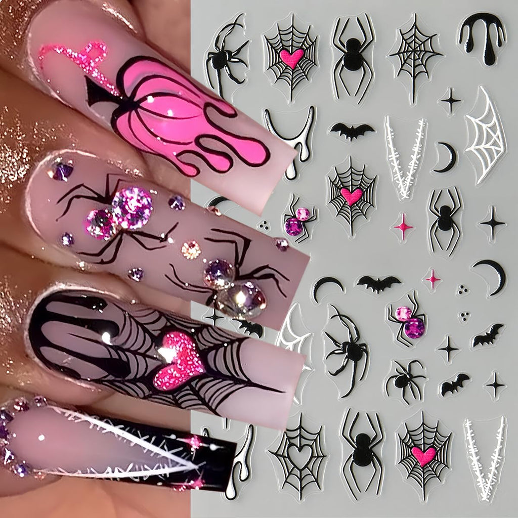 Gothic Spider Web and Bat 3D Nail Stickers, 8 Sheets