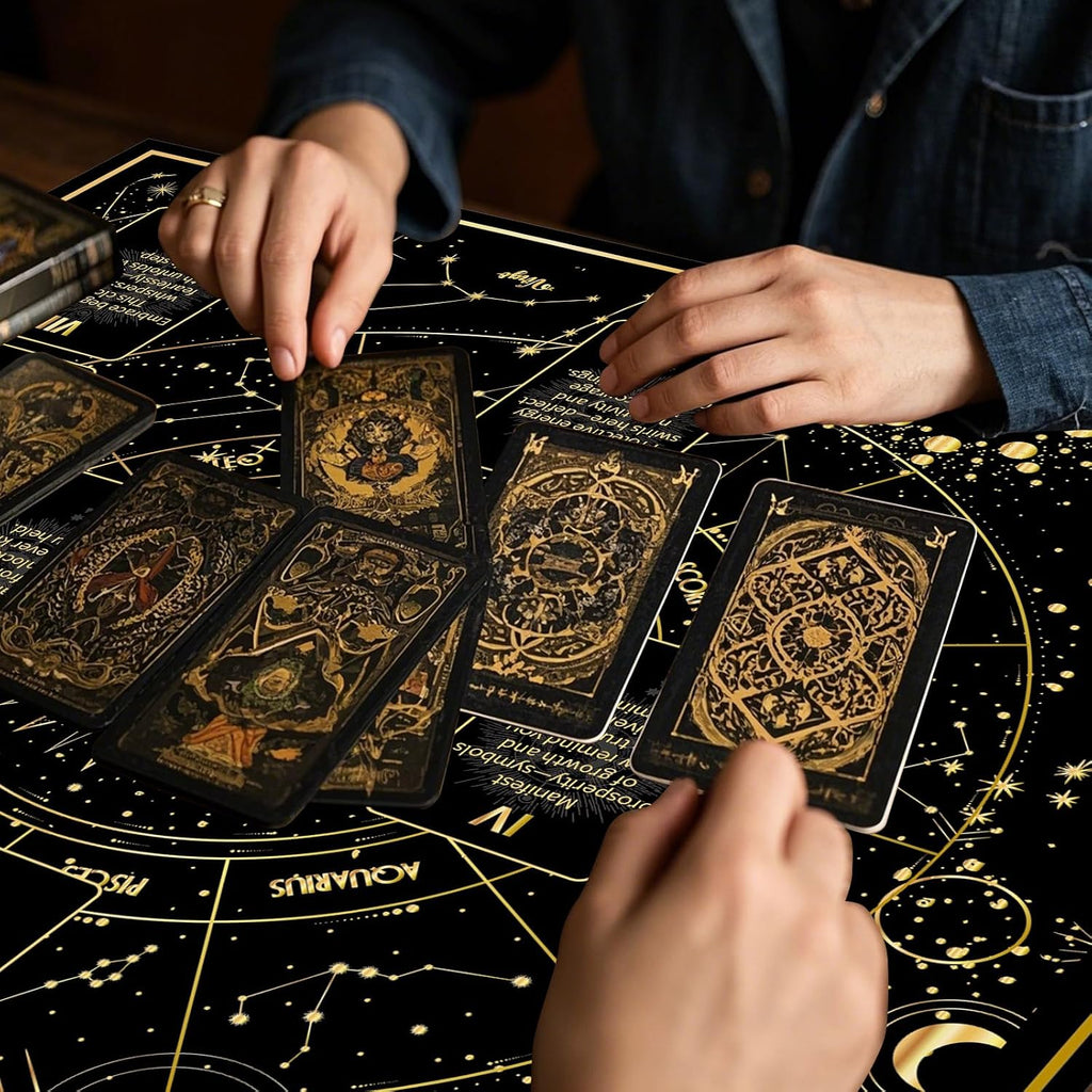 Celestial Tarot Cloth - Black & Gold, Double-Sided