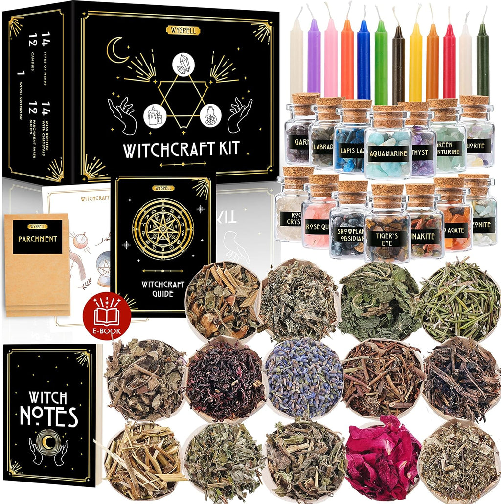 Witchcraft Starter Kit with Spell Candles, Herbs and Crystals, 54 Pieces