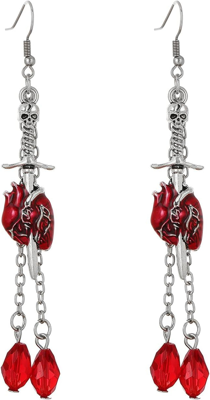 Flower Skull Dangle Earrings - Red