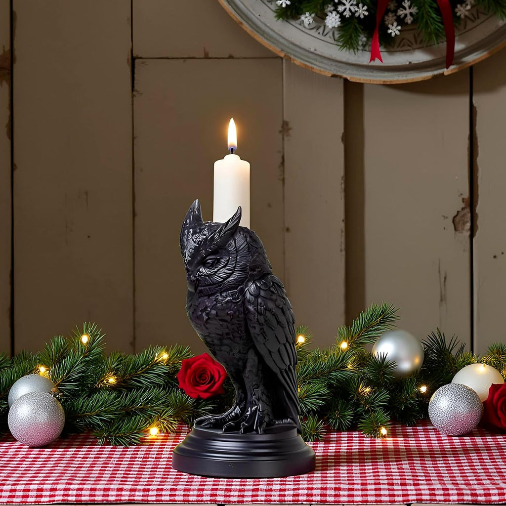 Gothic Black Owl Candle Holder - Resin Statue