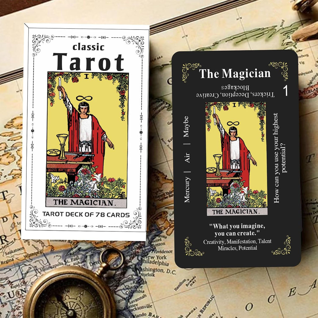 Classic Black Tarot Deck - 78 Cards with Meanings Printed on Them
