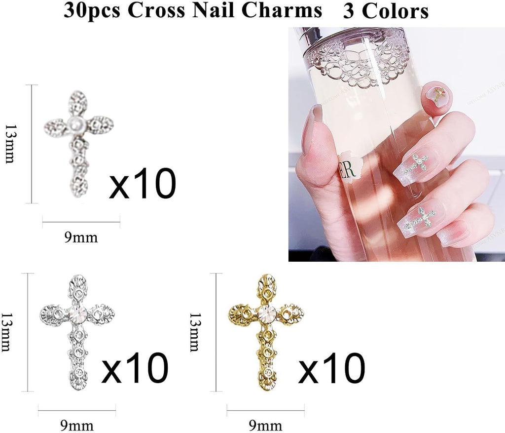 3D Cross Nail Charms, Gold and Silver, 30 Piece