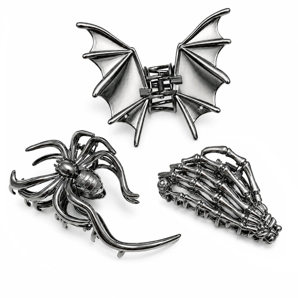 Gothic Metal Claw Clips - Bat, Spider & Skeleton Hand, 3 Pack