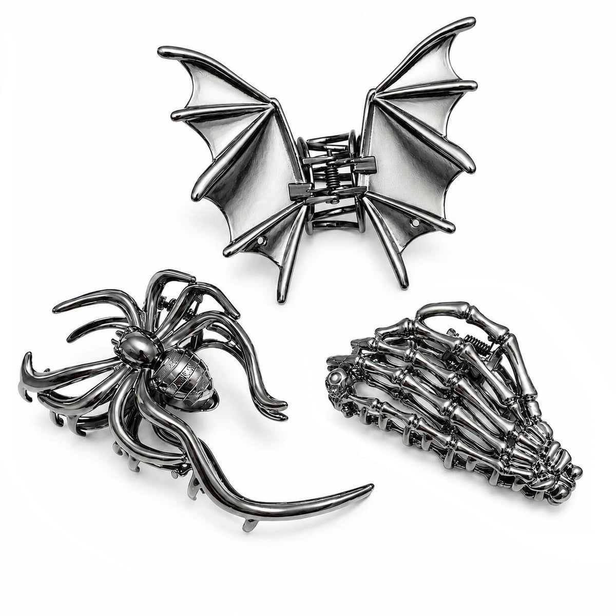 Gothic Metal Claw Clips - Bat, Spider & Skeleton Hand, 3 Pack