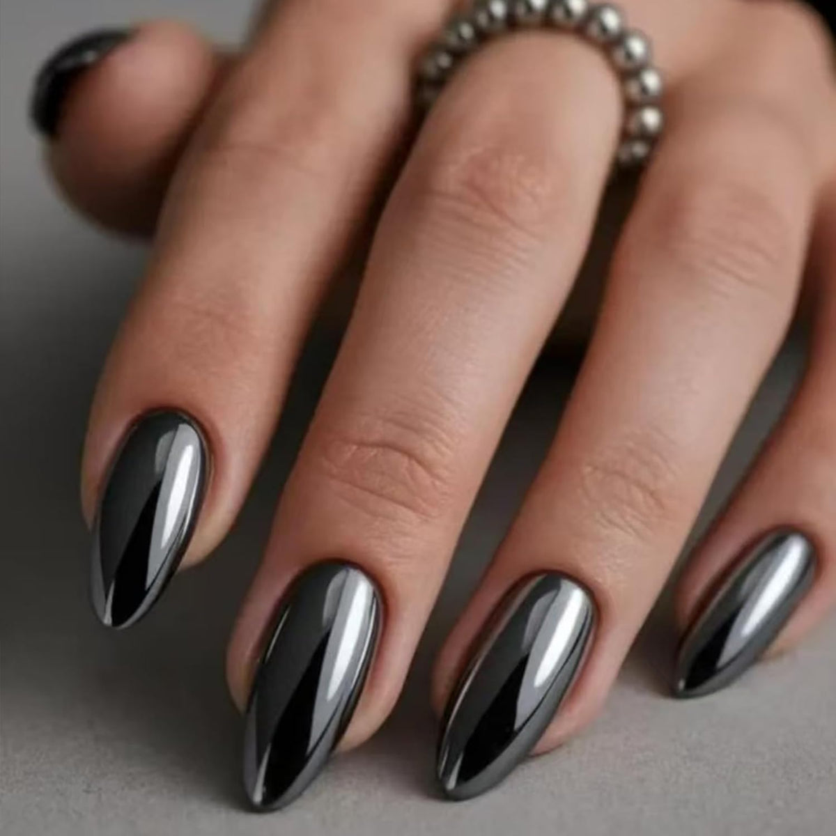 Black Chrome Press-On Nails - Almond, 24 Piece