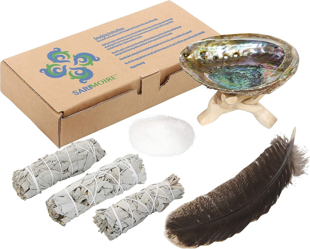White Sage Smudge Kit with Abalone Shell, Stand and Feather