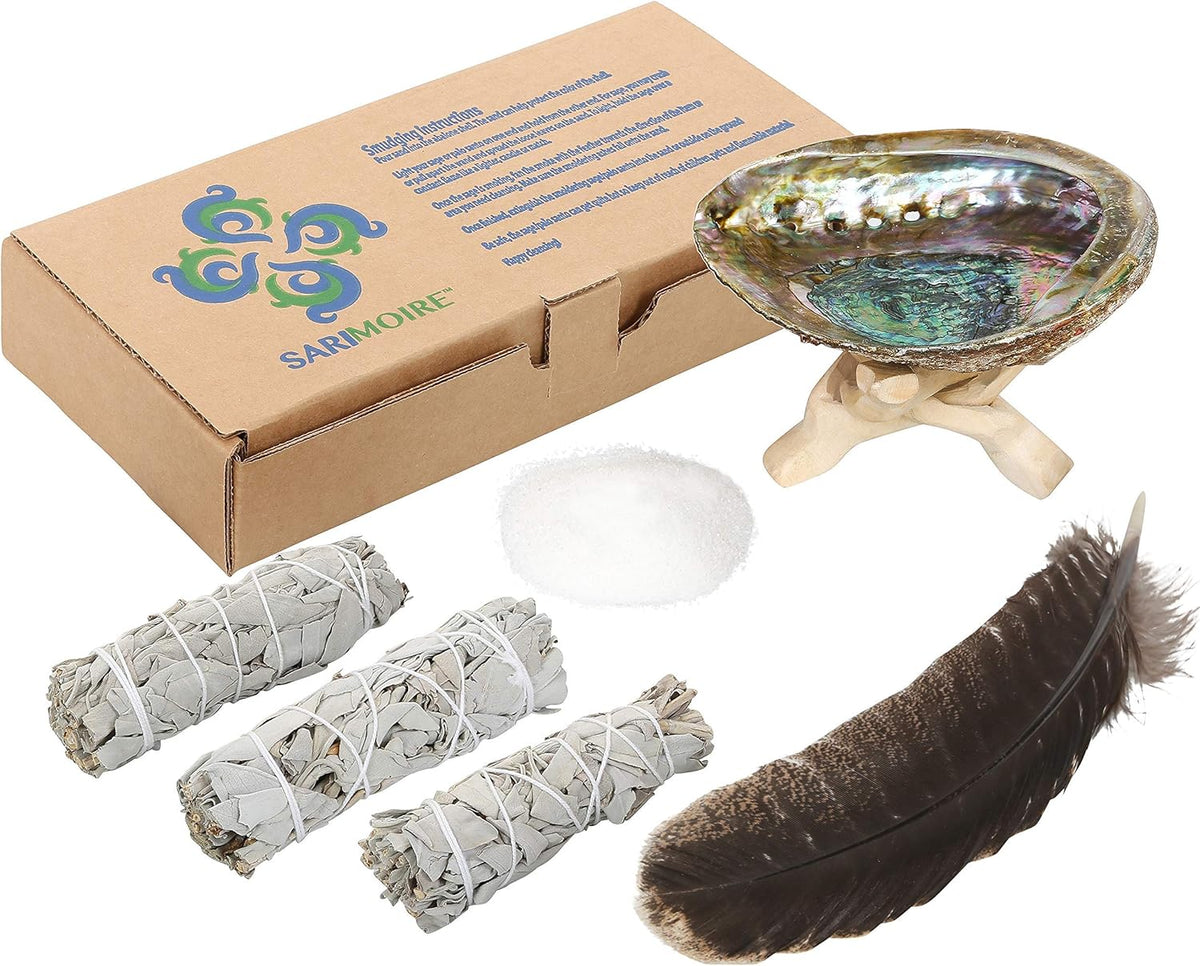 White Sage Smudge Kit with Abalone Shell, Stand and Feather