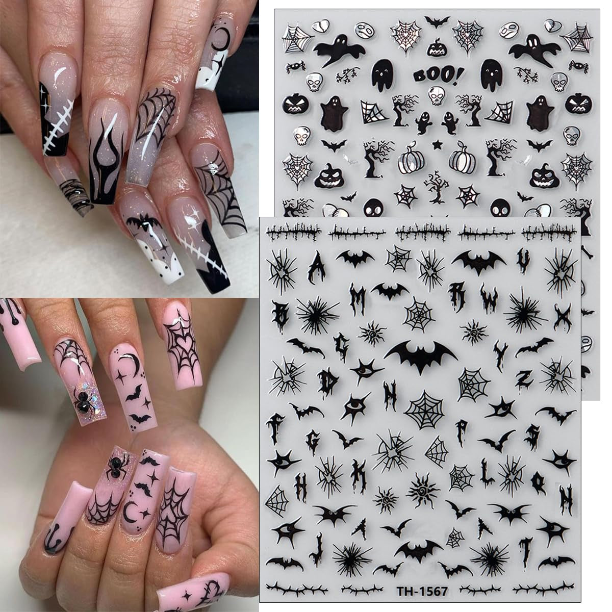 Horror Goth Nail Decals: Bats, Roses, Spider Webs and Skulls, 6 Sheets