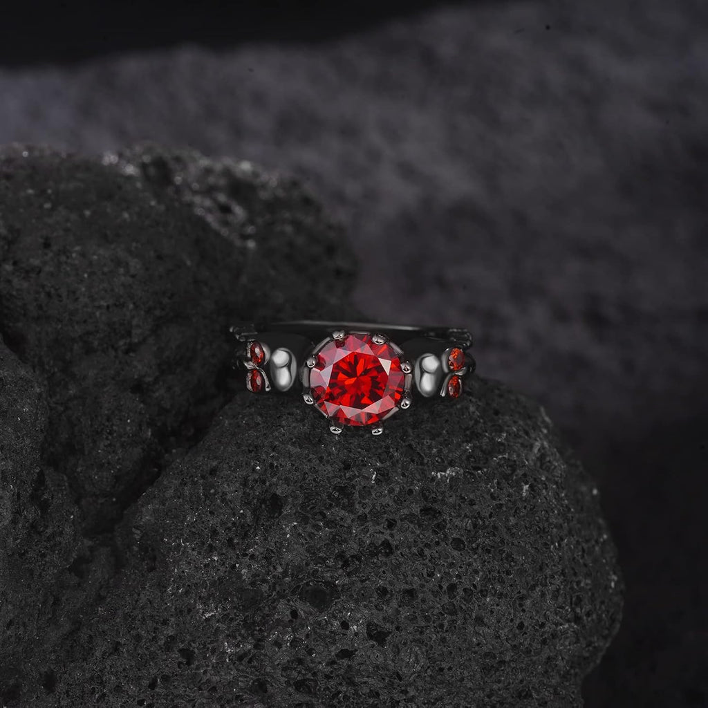 Gothic Skull Statement Ring - Black Gold Plated, Red Crystal
