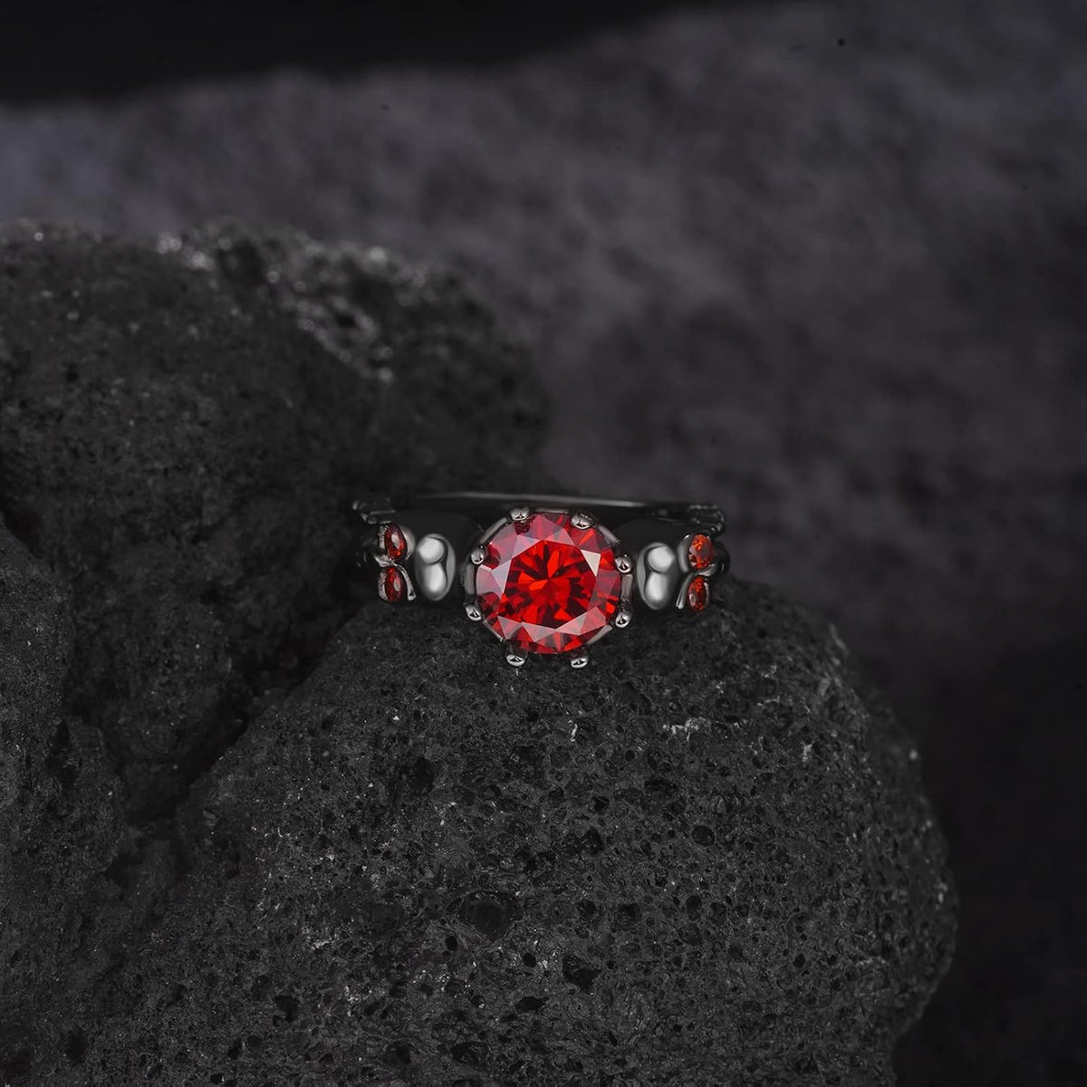 Gothic Skull Statement Ring - Black Gold Plated, Red Crystal