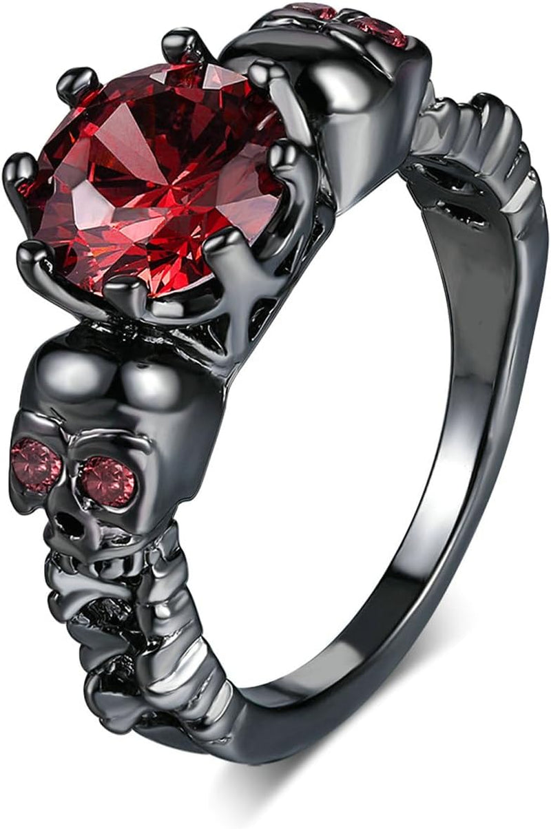 Gothic Skull Statement Ring - Black Gold Plated, Red Crystal