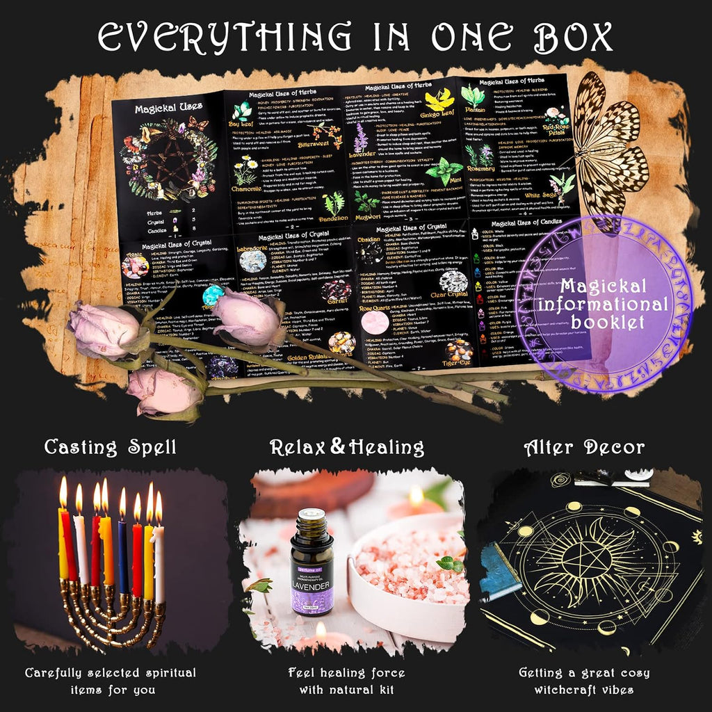 Wiccan Spell Kit with Herbs, Crystals, Candles and Altar Bowl, 60 Pieces