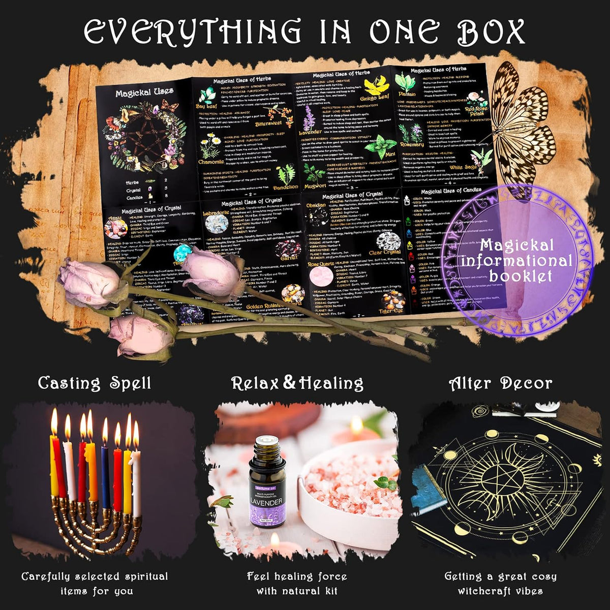 Wiccan Spell Kit with Herbs, Crystals, Candles and Altar Bowl, 60 Pieces