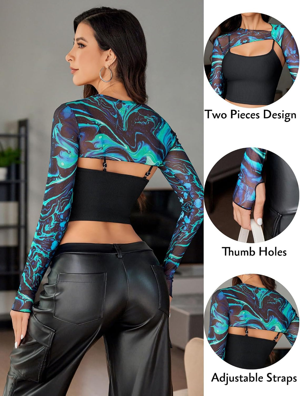 Mesh Long Sleeve Crop Top & Cami Set - Black