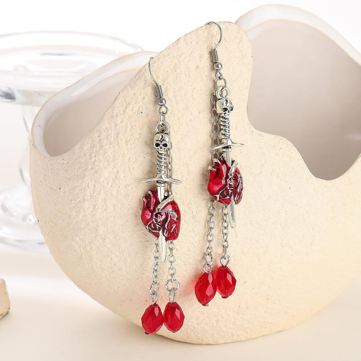 Flower Skull Dangle Earrings - Red