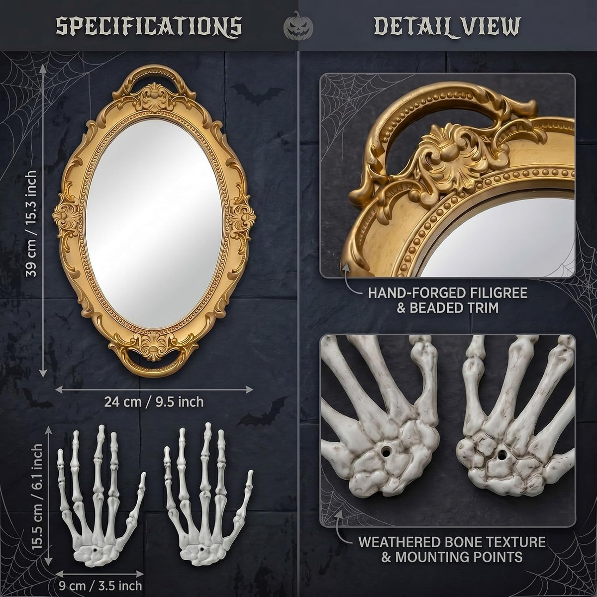 Skeleton Hand Gothic Oval Mirror