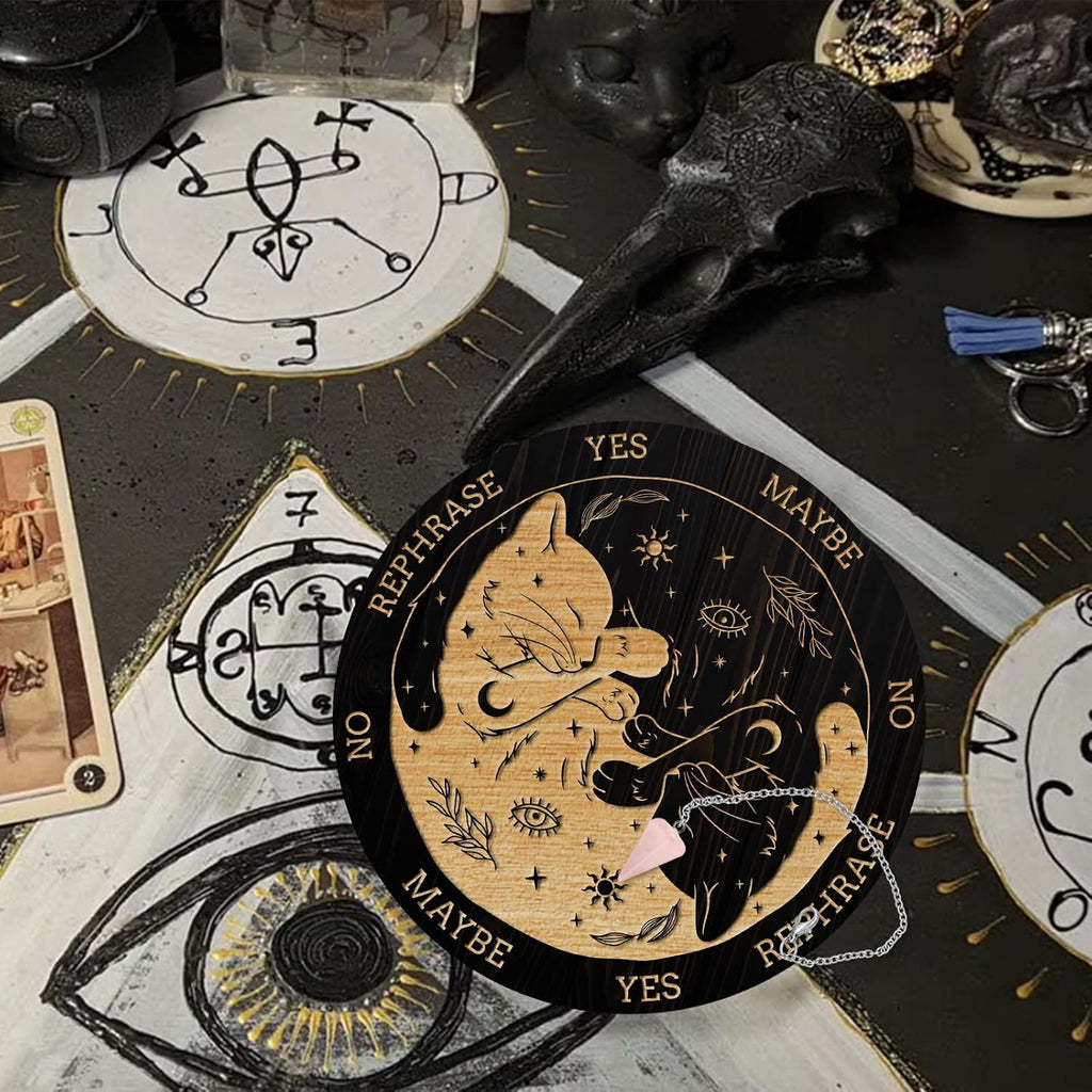 Cat, Sun & Moon Pendulum Board with Rose Quartz Pendulum