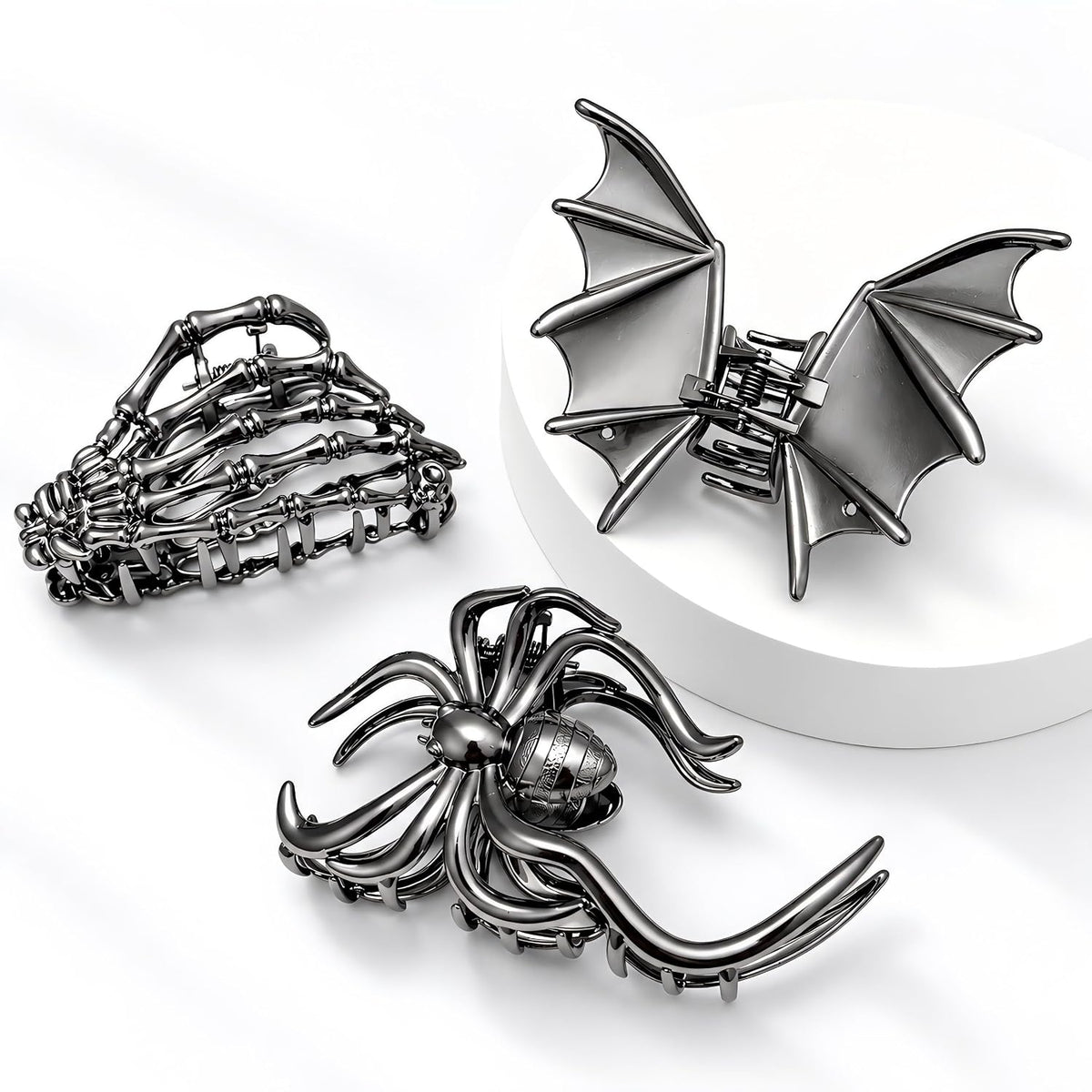 Gothic Metal Claw Clips - Bat, Spider & Skeleton Hand, 3 Pack