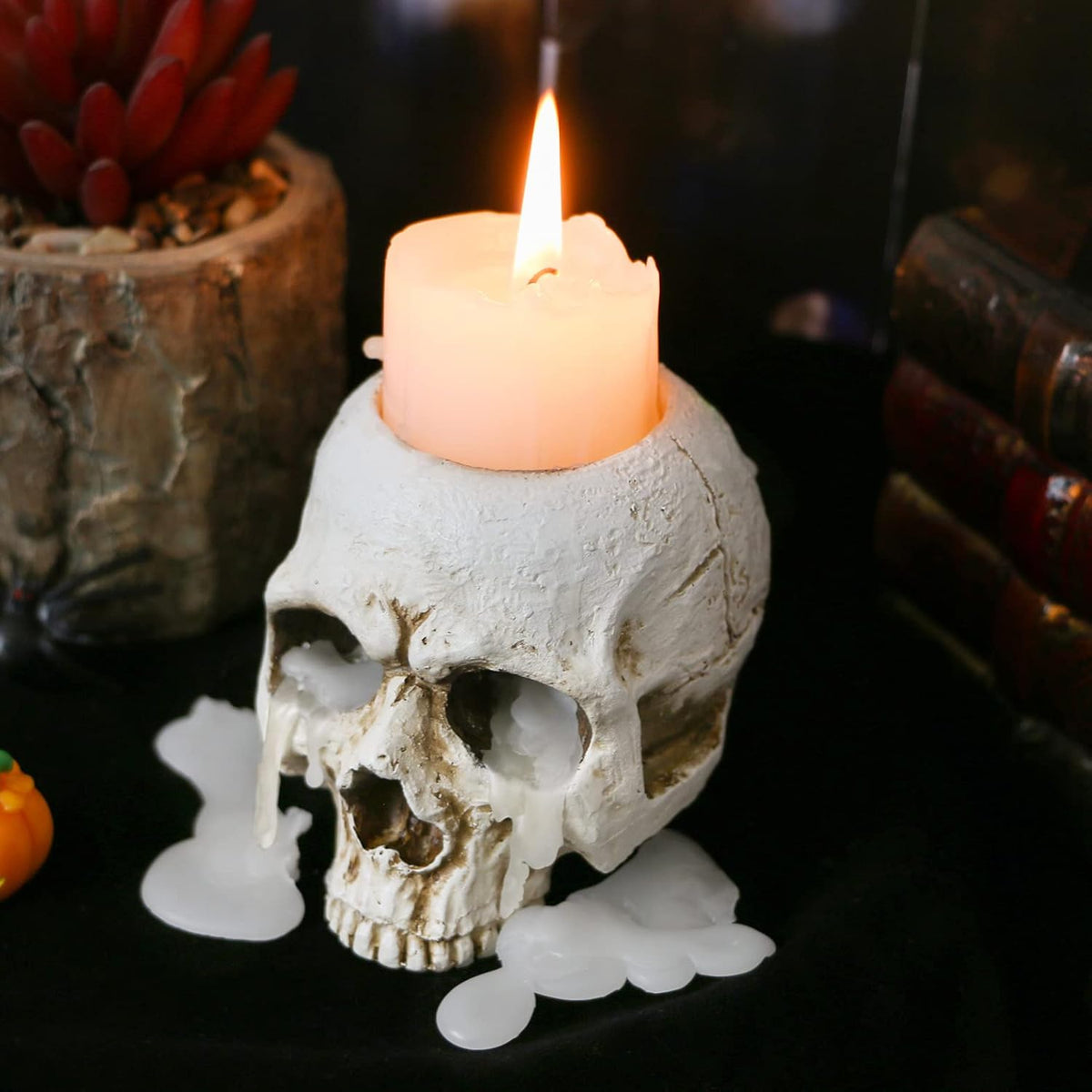Skull Tealight Candle Holder - Antique White Resin