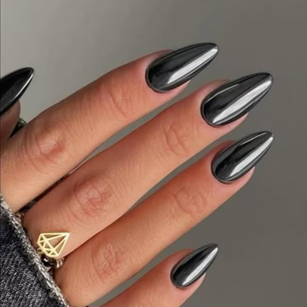 Black Chrome Press-On Nails - Almond, 24 Piece