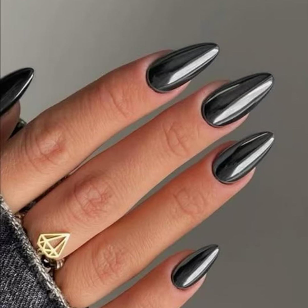 Black Chrome Press-On Nails - Almond, 24 Piece