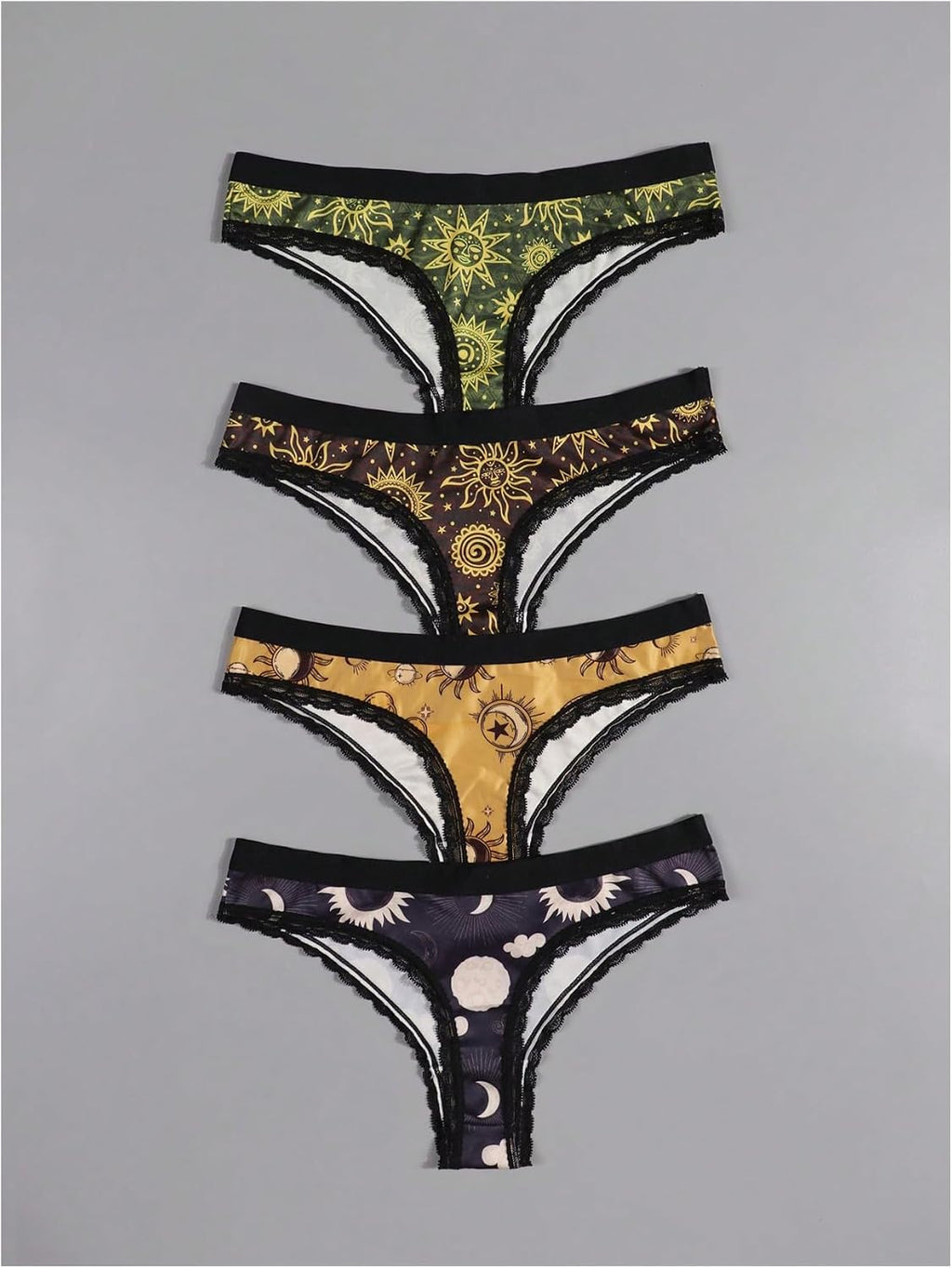 Women'S 4 Pack Gothic Panty Set Lace Trim Low Rise Briefs Sun Moon Print Underwear