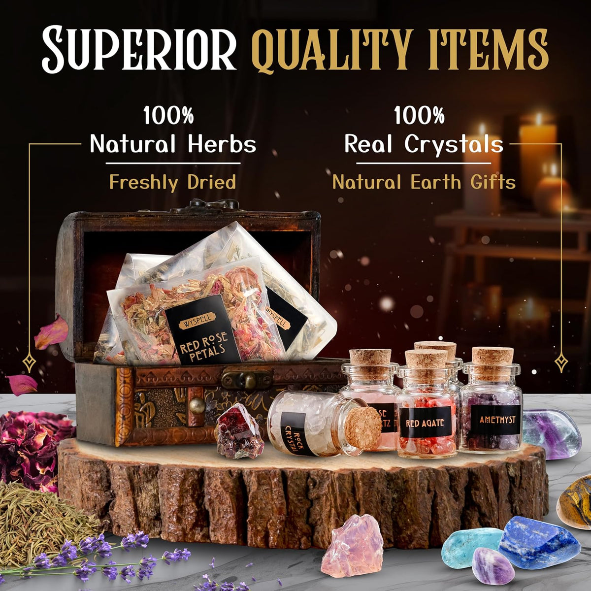 Witchcraft Starter Kit with Spell Candles, Herbs and Crystals, 54 Pieces