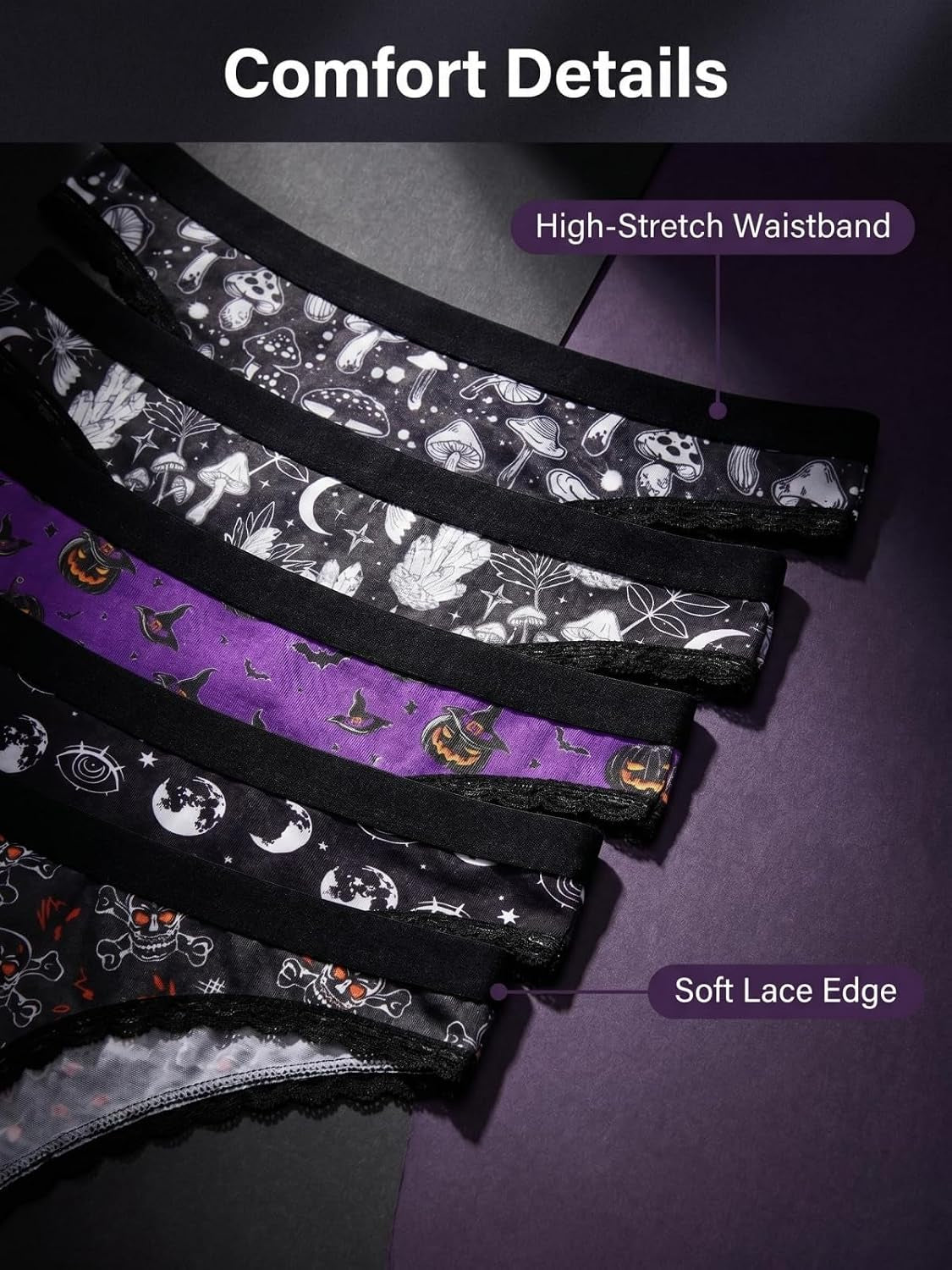 6 Pack Women'S Halloween Gothic Punk Skull Print Thongs, Low Rise Lace Trim Soft Y2K Panties Underwear