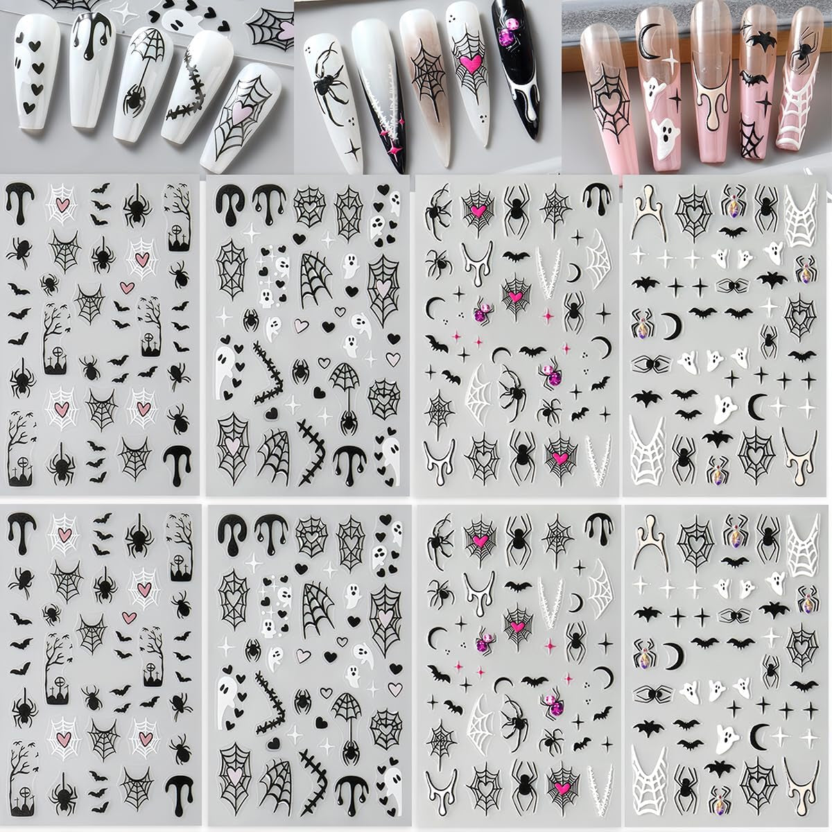 Gothic Spider Web and Bat 3D Nail Stickers, 8 Sheets
