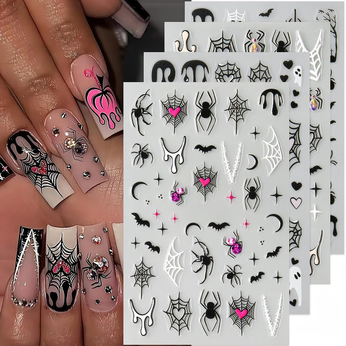 Gothic Spider Web and Bat 3D Nail Stickers, 8 Sheets