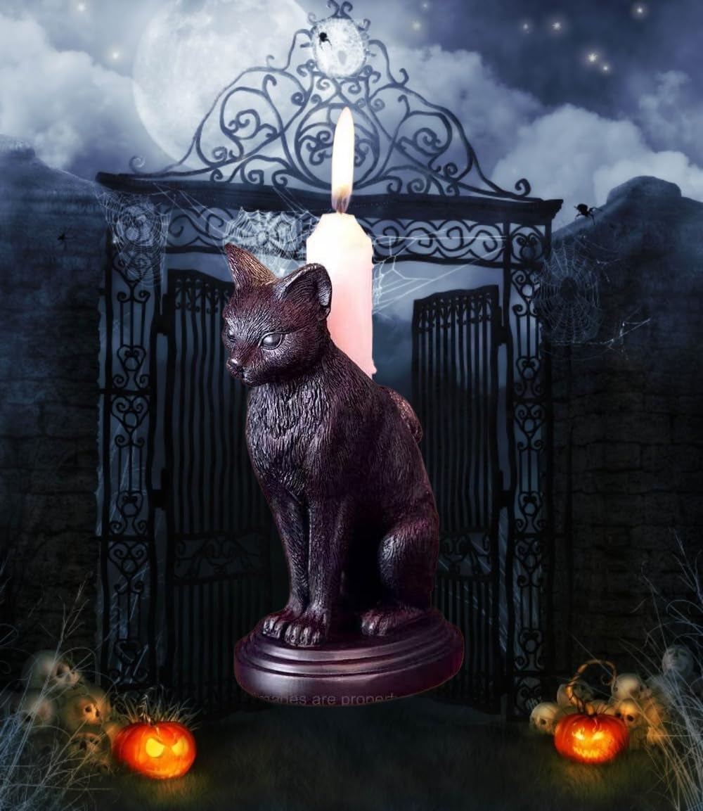 Gothic Black Cat Candle Holder - Resin Statue