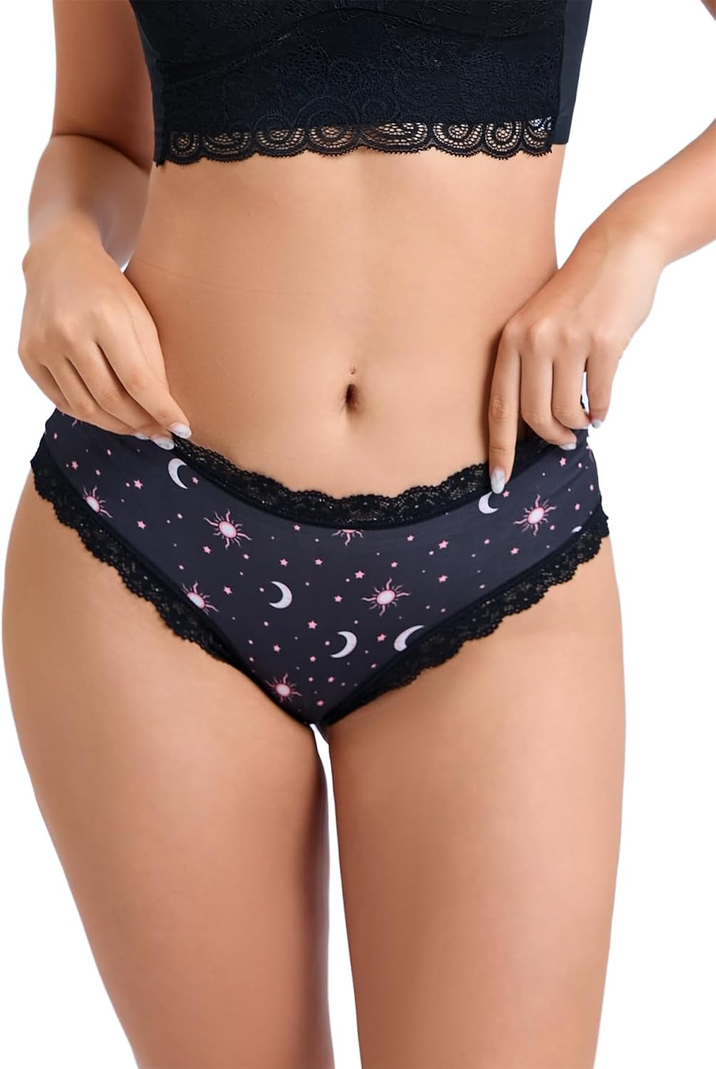 Women'S Celestial Print Hipster Panties Set, Black Lace Trim, 4 Count, Moon and Stars Design