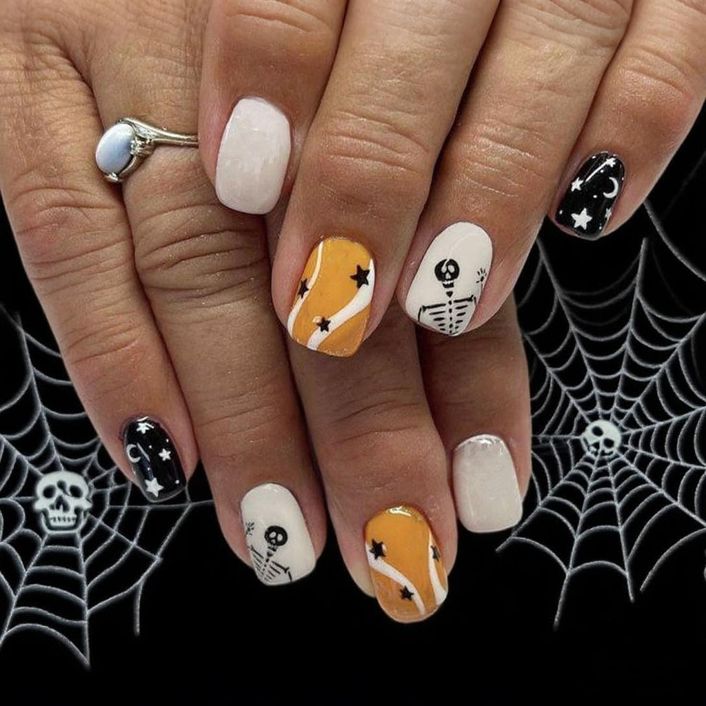 Skull and Stars Press-On Nails, Black and Orange