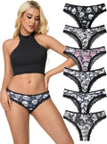 OUKAILYN 6-Pack Gothic Thong Panties, Sexy Skull and Rose Print Lace Trim G-String, Mid-Rise Emo Alt Aesthetic Underwear